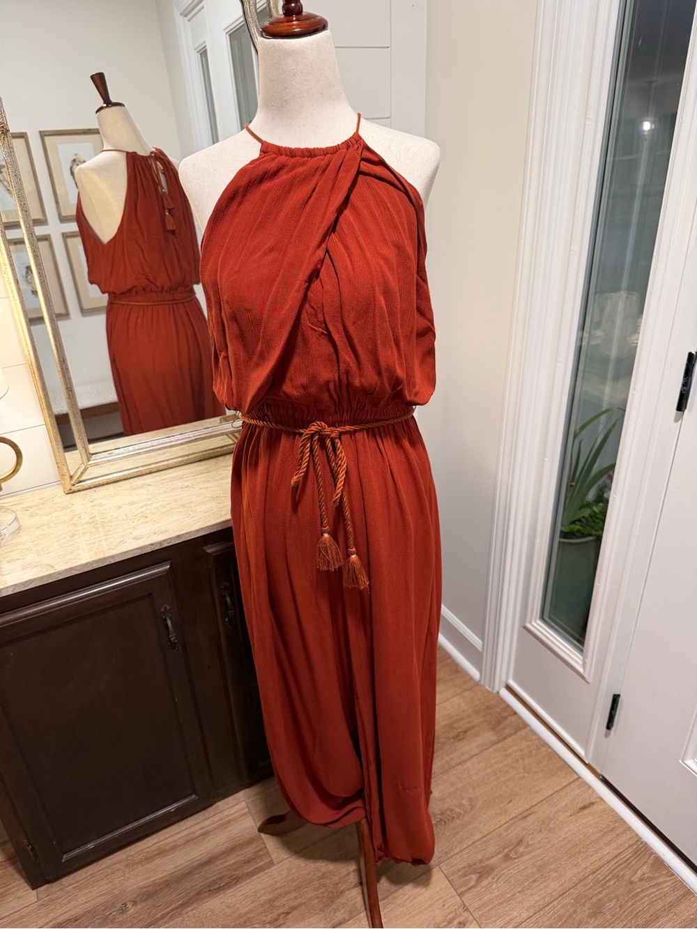 Rust Halter Maxi Dress with Rope Waist Tie